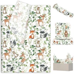 FYSUIMU 100 Sheets Woodland Animal Tissue Paper Eucalyptus Forest Animal Gift Wrapping Paper for DIY Arts Crafts Baby Shower Birthday, 14 x 20 Inch