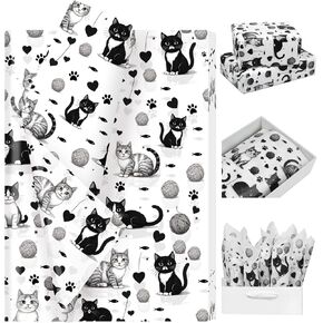 100 Sheets Black Kitty Tissue Paper - Cute Cat, Pet Paw & Yarn Pattern Tissue Paper, Animal Motif Wrapping Paper for Pet Lover, Party Decoration, DIY Projects, 13.8 x 19.7 Inches