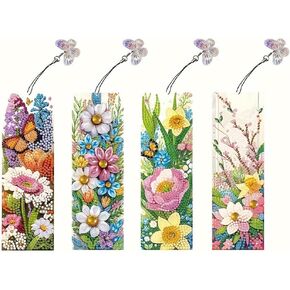 Diamond Art Bookmarks 4pcs: Acrylic Diamond Painting Bookmarks Kits for Women - Spring Flower Butterfly DIY Diamond Dotz Bookmarks - Adults Small Craft Book Marks Kit Beginner