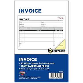 COSCO 2-Part Carbonless Invoice Book with Wrap-Around Cover, Consecutive Numbering, 50 Sets per Book (074033)