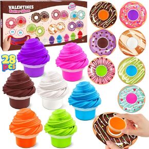 28 Pack Valentines Day Gifts for Kids, Galaxy Slime Party Favor with Greeting Card Box Stress Relief Fidget Toy for Kids, Classroom Exchange Prizes Valentine Party Gifts