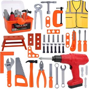 Kids Tool Set, 48 Pcs Toy Tool Box for Toddlers Ages 3-5, Pretend Play Construction Toy, Includes Toy Wrench, Drill, Hammer, Screwdriver, Screw Set, Gift for 3 4 5 6 7 Years Old Boys Girls