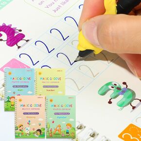 NEWEST Grooved Handwriting Workbooks, Reusable Grooved Writing Books Copybook to Help Ages 3-5 Improve Preschool Learning Activities(4 Books with Pens)