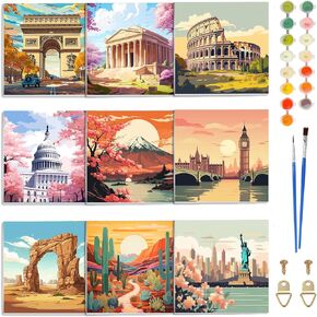 9Pcs 8 x 8 Inch Pre Drawn Canvas for Painting City Pre Stretched Canvas Painting for Pre Drawn Canvas Outline for Sip and Paint Party Supplies Favor (City)