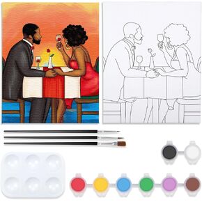 VOCHIC Canvas Painting Kit Pre Drawn Canvas for Painting for Adult Party Kit Paint and Sip Party Supplies Afro Couple Sunset Dinner Paint Art Set 8x10 inch