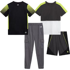 طقم سراويل رياضية للأولاد من Body Glove - تي شيرت بأكمام قصيرة مكون من 4 قطع، وسروال رياضي من الصوف، وشورت - مجموعة ملابس رياضية (4-14) in Kuwait