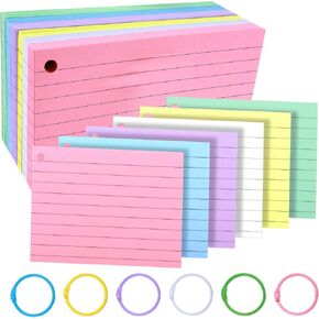 300 Pcs Colored Ruled Index Cards with 6 Rings Neon Color Study Flash Cards Single Hole Punched Lined Flashcards Studying Notecards One Side for School Supplies(Fresh Color, 3 x 5 In)