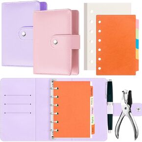 Henoyso 2 Pcs 3 x 5 Index Card Binder with Dividers A7 Refillable 6 Ring Leather Budget Binder with 10 Index Card Guides 160 Index Cards and Hole Punch for Business Office Home