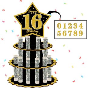 حامل أموال عيد ميلاد الذهب الأسود للحصول على هدية نقدية مع ملصقات DIY لأي عمر عيد ميلاد سعيد هدايا كعكة الكعكة المفاجئة فكرة هدية عيد ميلاد للنساء الأولاد ديكورات عيد ميلاد اللوازم الحفلات