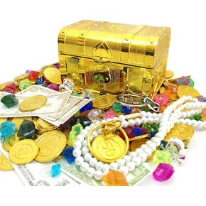 200+ Pirate Treasure Chest Gold Coins Treasure and Pirate Gems Pirates Rings Earrings Pearls Jewelery Playset ，Treasure for Pirate Party (100 Coins+100 Gems+16 banknotes...)