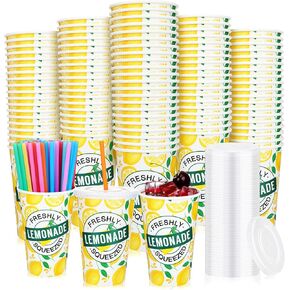 Meanplan 300 Pieces/100 Sets Lemonade Cups with Lids and Straws Disposable Cups for Party Decorative Lemon Paper Cup Lemonade Stand Supplies for Water Juice Kitchen Coffee Birthday Decorations (16 oz)