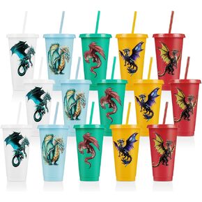 15 PCS Dragon Party لصالح أكواب الحفلات Western Dragon With Wid Straw 24 Oz Closp Drink Cups Dragon Dragon Tumblers for Fantasy Dragon موضوع حفلات حفلة عيد ميلاد حفلة عيد ميلاد