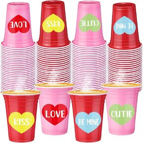 Domensi 60 Pcs 12 oz Valentine Pink Red Heart Cups Valentines Plastic Party Cups Disposable Cups for Coffee Juice Beverage Hot Cold Drinks Holiday Party Supplies