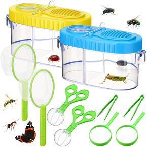 2 Sets Bug Catcher Kit Outdoor Toy Gift for Kids Outdoor Explorer Kit Kids Bug Catching Kit Insect Bug Habitat with Magnifying Glass, Tweezers, Bug Catcher and Net for Science Exploration