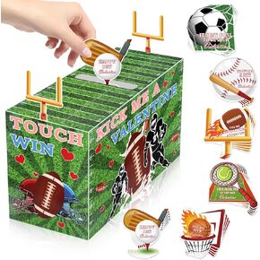 Valentines Boxes for Kids with 30PCS Soccer Basketball Baseball Sports Football Valentines Cards Valentine Mailbox Kit for Classroom Exchange Boys Girls School Party Favors