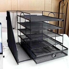 5-Tier Paper Letter Organizer with File Holder, Desk Organizer with Drawer, Mesh Desktop Storage with Magazine Holder for Office Supplies (Black)