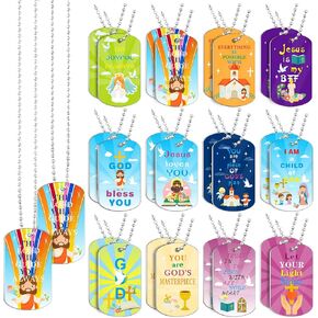 24 Piece Christian Dog Tag Necklace Set, Bible Verse Religious Necklaces for Inspirational Party Favors, Sunday School Prizes and Gifts