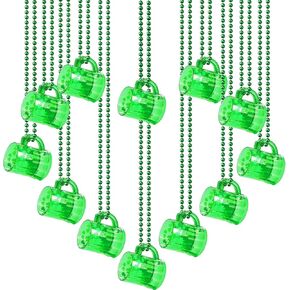 12 PCS Big Size St Patricks Day Necklace Shot Glass Hanging Necklace Bulk St Patricks Day Accessories for Women Green Beads St Pattys Accessories Decorations Party Favor for Saint Patricks Day