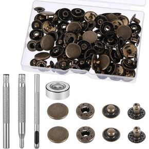 24 Sets Leather Snap Fasteners Kit 15mm Metal Button Snaps Press Studs Heavy Duty Leather Rivets and Snaps with 4 Pcs Snap Fastener Installation Tools for Clothes Bracelet Jackets Jeans-Antique Brass