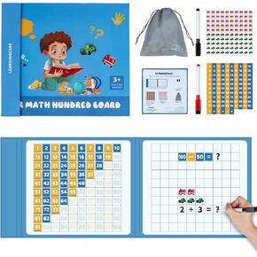 Magnetic Math Hundred Board 1-100 Numbers with 100 Cars Counters Educational Toys Montessori Math Counting Board Game for Preschool Boys Girls Age 3+