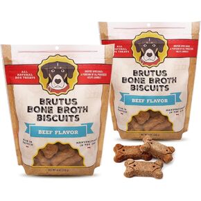 Brutus Bone Broth Biscuits (Beef) - Healthy Dog Treats - Natural Dog Biscuits with Dog Sauce Bone Broth and Real Beef for Healthy Joints - 18 Grams of Protein - 8 OZ (Pack of 2)