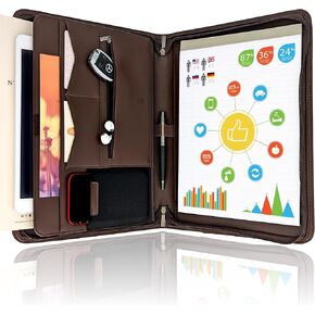STYLIO Zipper Padfolio Portfolio Binder Organizer (Walnut Color) | Faux Leather Portfolio for Resume, Documents, Phone, Tablet, Business Supplies and Cards | Letter Sized Notepad Included | Brown