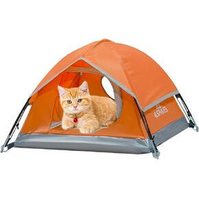 Outdoor Waterproof Pet Camping Tent, Cave Bed for Indoor Cats and Small Dogs, Portable Cat House Dog House, 21.6x21.6x14.9'', Orange, S.