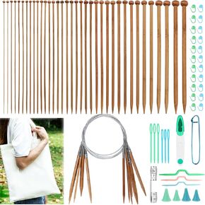Hobekoee Bamboo Knitting Needles Set,36Pcs 9.8" Straight Single Pointed Bamboo Knitting Needles Set and 8Pcs 32" Circular Knitting Needles Kit with Storage Bag for Beginners Knitting Lovers
