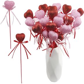 36 Pcs Valentine's Day Heart Picks Glitter Red Pink Valentines Floral Picks Puffy Heart Picks Foam Sparkly Hearts Stems for Valentine 's Day Artificial Flowers Arrangements Party Crafts Decor