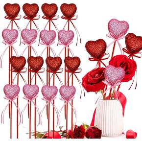 16Pcs Valentine's Day Glitter Puffy Heart Foam Picks Sparkly Floral Sticks for Wedding Flower Anniversary Floral Bouquet Home Holiday Party Crafts Table Centerpiece Decoration Supplies