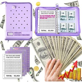 Yoment 100 Envelopes Money Saving Challenge Binder, Budget Binder with Zipper Envelopes, B5 PP Savings Book Challenge-Easy & Fun Way to Save $5,050, Cash Saving Budget System Wallet with1 Pendant