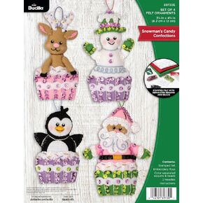 Bucilla, Snowman's Candy Confections, Felt Applique 4 Piece Ornament Making Kit, Perfect for DIY Arts and Crafts, 89730E