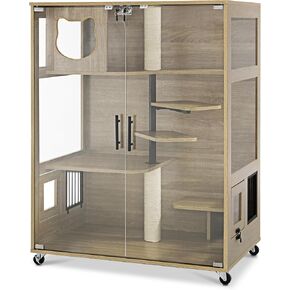 Lovupet Wooden Cat House with Scratching Posts, Luxury Large Cat Condo with Lockable Wheels, Indoor Kitten Cage with Escape Door, GC11