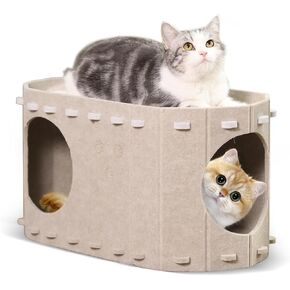 Cosy Cat House for Indoor Cats,2 in 1 Durable Cat Bed Cave for Multiple Cats up to 22lb,Space Saving Cat Hideaway Enclosed Bed with 2 Exits（Khaki