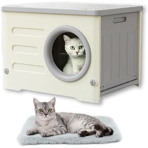 Plastic Cat House for Outdoor Indoor Use, Stackable Feral Cat Shelter Indoor Cat House Insulated Weatherproof Waterproof Elevated with Cat Bed Mat (Gray, 53x41x38.3cm)