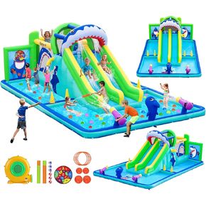 FBSPORT Inflatable Bounce House Water Slide Park, Double Slide Bouncer Castle with 550W Air Blower, Climbing Wall, Jumping Area, Toss Rings, Basketball, Splash, Bouncy House for Backyard Outdoor