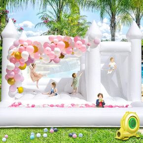 15 قدمًا بيضاء منزل ترتد مع حفرة كرة منزلية للبالغين أطفال كبيرون ، و 100 ٪ PVC Bounce Bounce House مع 1100 واط ، منزل كبير قابلة للنفخ لحفل عيد ميلاد زفاف 15 قدمًا × 15 قدمًا × 10 قدمًا