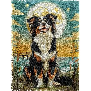 Australian Shepherd Dog Smiling Latch Hook Kits Rug Crochet Yarn Pre-Printed Cushion Embroidery Needlework Carpet Cover DIY Hook and Latch Kit Tapestry Christmas Decor 38x52cm(2)