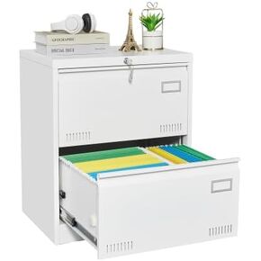 Lateral File Cabinet with Lock, Metal Filing Cabinet with Card Holder for Home Office, Metal Steel Wide File Cabinet for Legal/Letter A4 Size-2 Drawer White