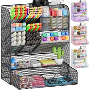 Desk Organizers and Accessories, Pen Holder for Desk Organizer with Drawer, Pencil Holder Office Desk Accessories Workspace Desktop Organizer for School Home Office Art Supplies（Black）