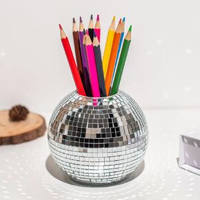 Disco Ball Pencil Holder for Desk - Pen & Makeup Brush Organizer with Silver Sequins, Disco Accessories Decor for Office, Home, or Bedroom - 4 in