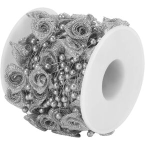 Tissting 10m / Roll Faux Pearl Beads Garland Pearl Spool Roll Strand Rose Ribbon String Chain Decorative Beads for Wedding, Party, Christmas Tree(Sliver)