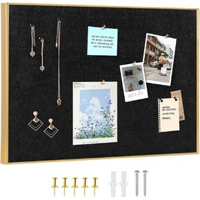 Golden Aluminum Framed Pin Board with Black Felt, Approx. 17 x 13 inches Bulletin Board with Pins, Eye Bolts, gaskets, Screws, Cork Board Alternative for Office, School and Home(AL-BK-3343)