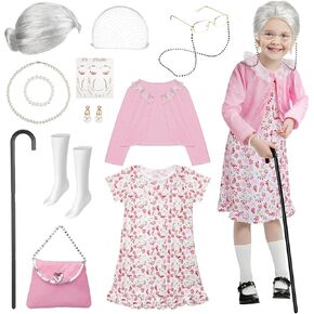 Old Lady Costume for Kids, Granny Dress up Cosplay Accessories with Wig, Glasses Wrinkle Tattoo Stickers, Adjustable Cane, Jewelries, 100 Days of School Costume Grandma Cosplay Kit