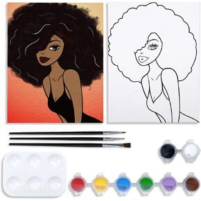 طقم الطلاء Vochic مسبقًا قماشًا لطلاءات الحفلات البالغة و SIP Party Supplies 8x10 Canvas Afro Queen 8 ألوان أكريليك ، 3 فرش in Kuwait
