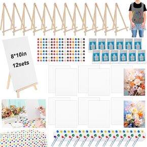 Tenceur 12 Set Paint Party Kits for Adults 8" x 10" Canvas Boards for Painting with 2 Pcs Large Tablecloth DIY Painting Set with Easels Paints Aprons Brushes for Painting Party Christmas Gifts