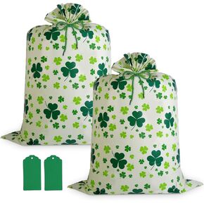 2 Pcs Large St. Patricks Gift Bags,St Patricks Day Bags for Gifts 57"x37" Plastic Gift Bags with Gift Tags,Ropes,Jumbo Green Shamrock Gift Bags for Saint Patrick's Day Decorations Home Birthday Party