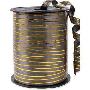 PartyWoo Black and Gold Curling Ribbon, 219 Yard Ribbon for Balloons, Balloon String, Balloon Ribbon, Curling Ribbon for Craft, Ribbon for Gift Wrapping, Crafting, Wedding, Florist Flower (1 Roll)
