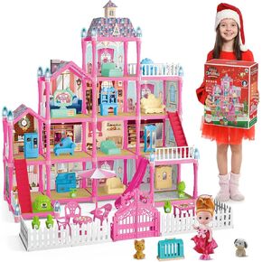 Pink Dolls Houses for Girls with Lights, 1 Dolls, 2 Pets, 3 Floors -13 Rooms, 285 PCS Dream Girls House Pretend Play Toy Set of Furniture & Accessories, Holiday Birthday Gift for 3+ Year Old