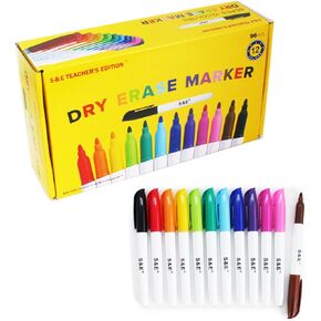 S&E Teacher's Edition 96 PCS علامات مسح الجافة الملونة للأطفال 12 ألوان متنوعة مع علامات السبورة ذات اللون المنخفض الحبر للمدرسة والمكتب واللوازم